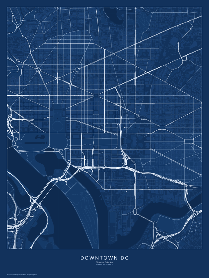 Downtown DC map poster, blueprint style