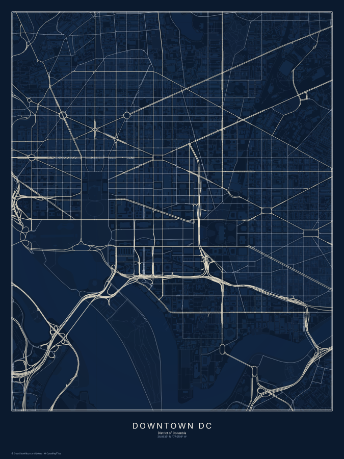 Downtown DC map poster, midnight style