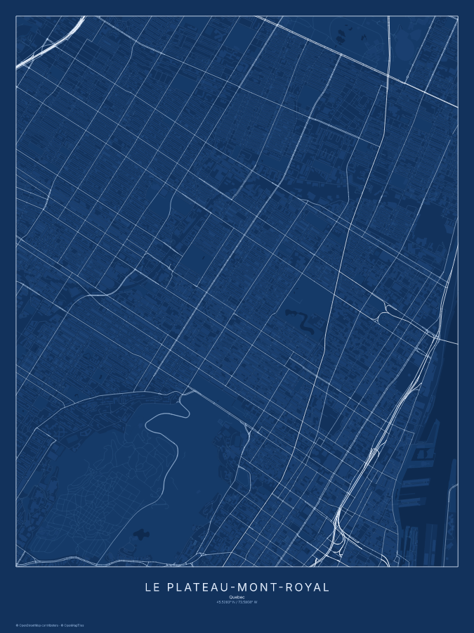 Le Plateau-Mont-Royal map poster, blueprint style