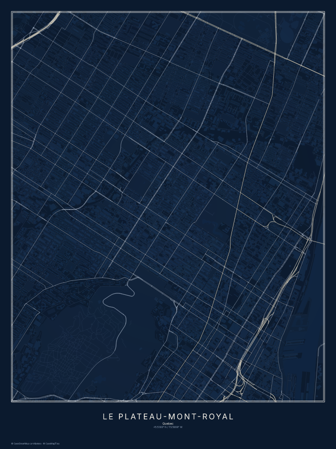 Le Plateau-Mont-Royal map poster, midnight style
