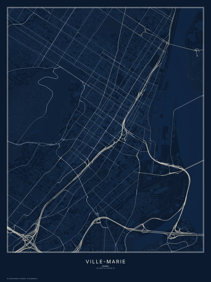 Ville-Marie map poster, midnight style