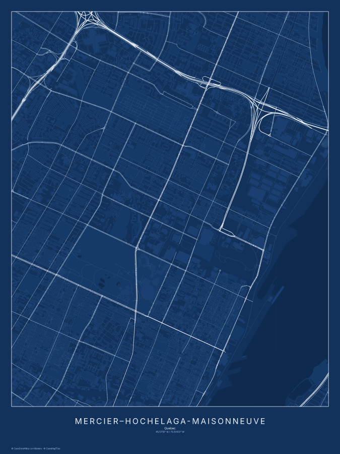 Mercier–Hochelaga-Maisonneuve map poster, blueprint style