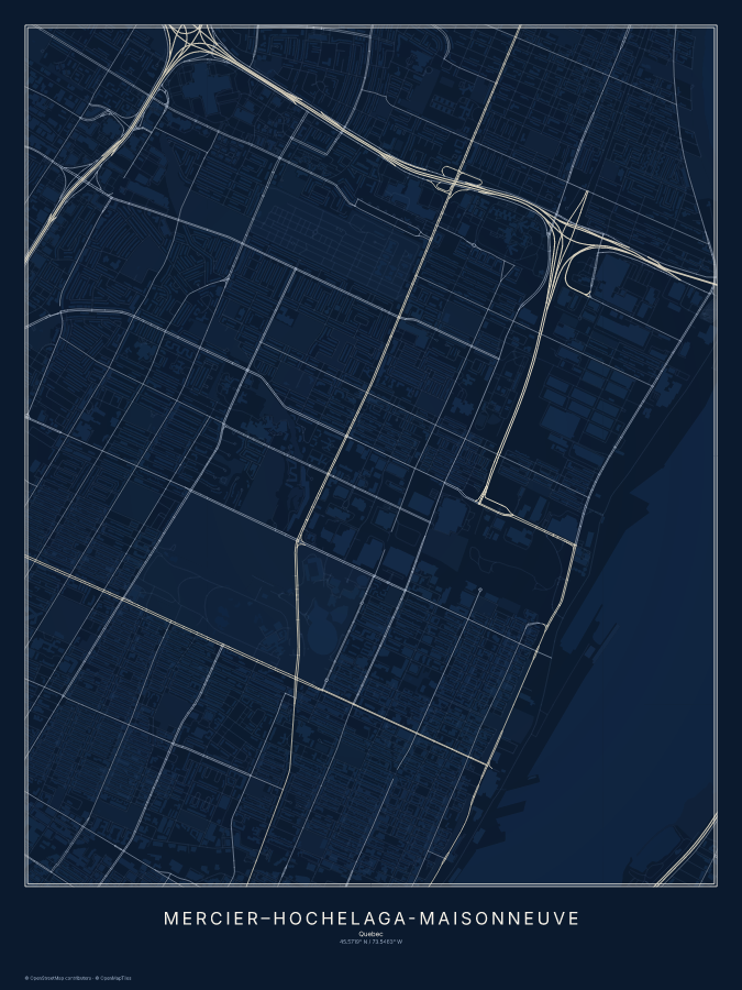 Mercier–Hochelaga-Maisonneuve map poster, midnight style