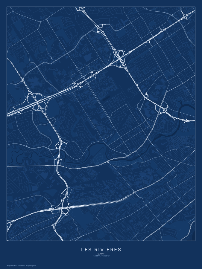 Les Rivières map poster, blueprint style