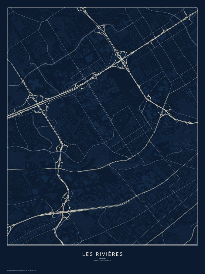 Les Rivières map poster, midnight style