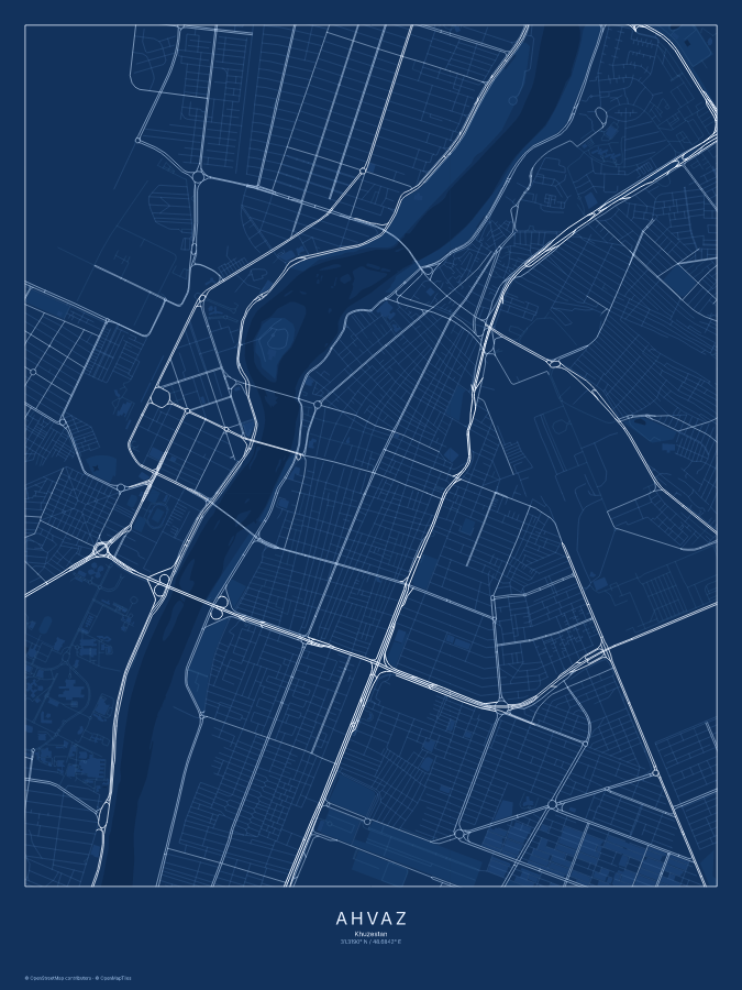 Ahvaz map poster, blueprint style