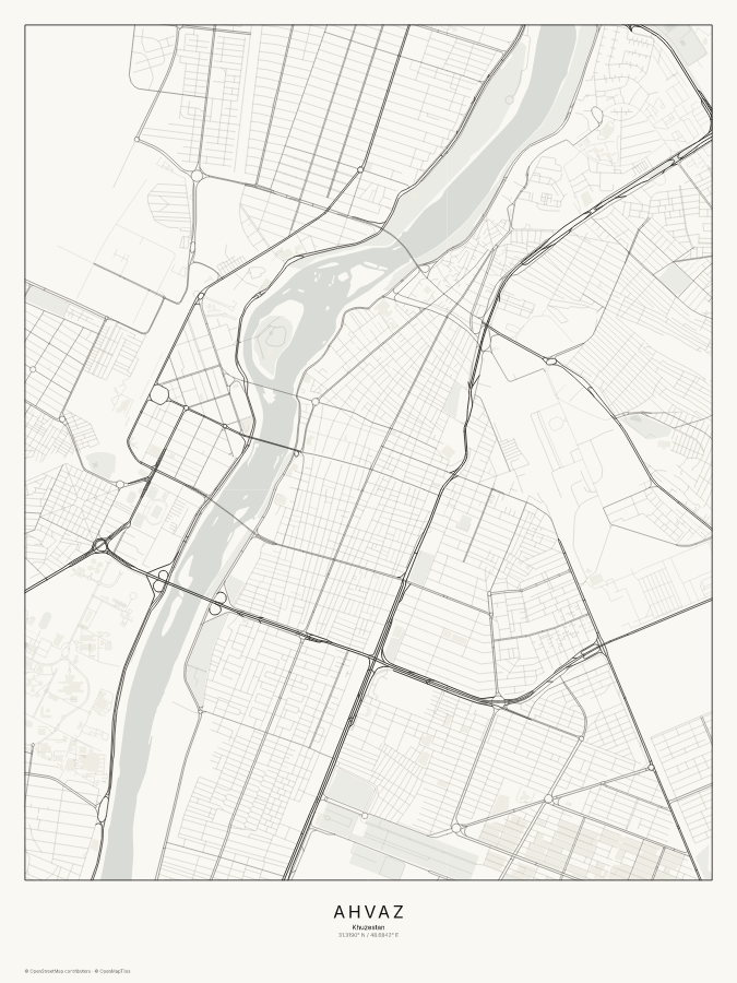 Ahvaz map poster, classic style