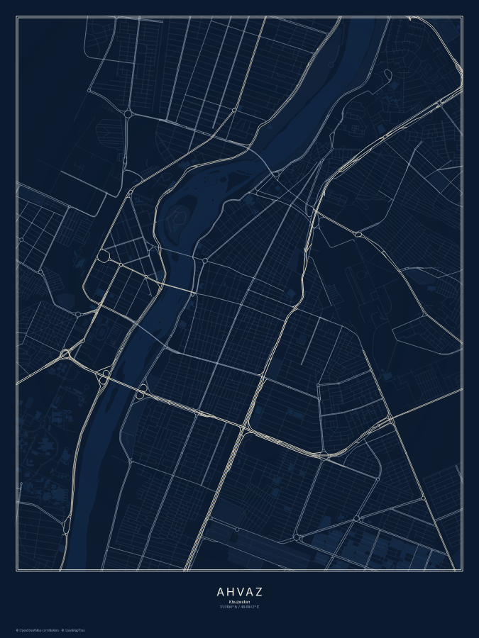 Ahvaz map poster, midnight style