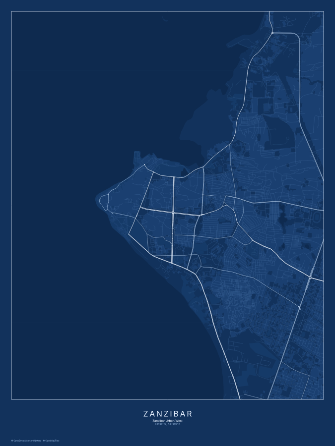 Zanzibar map poster, blueprint style