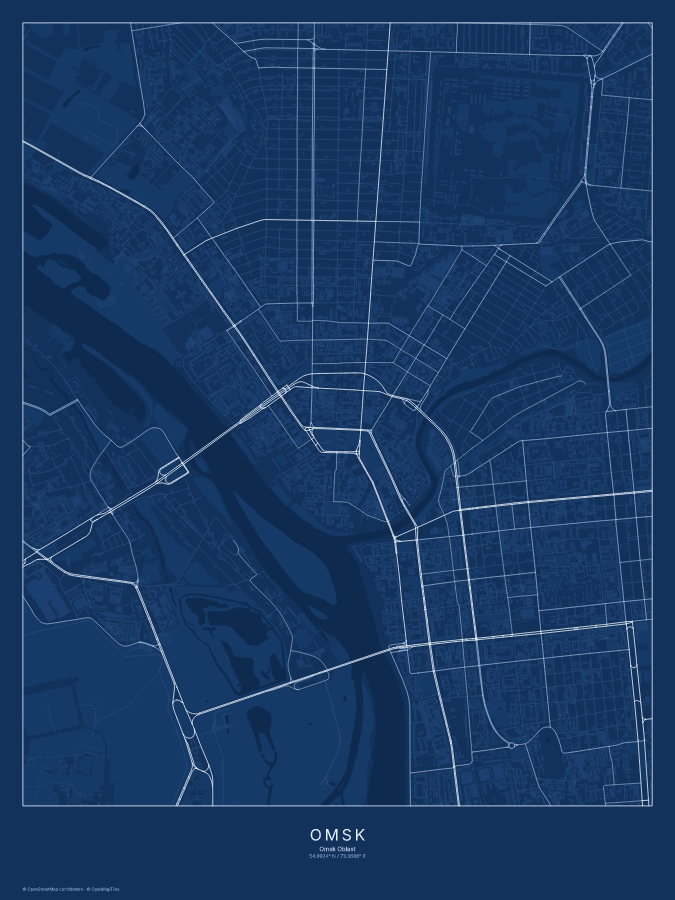 Omsk map poster, blueprint style