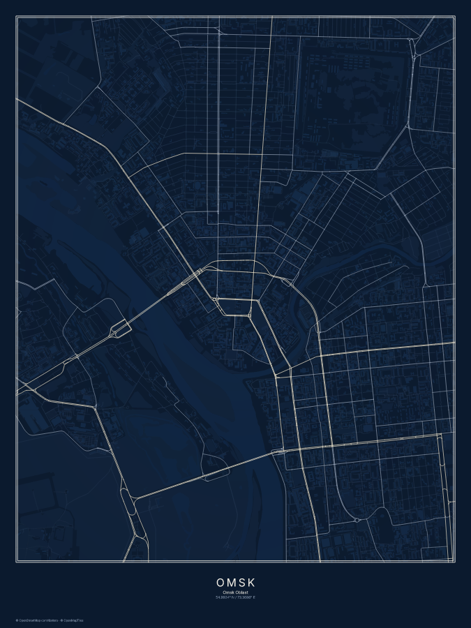 Omsk map poster, midnight style