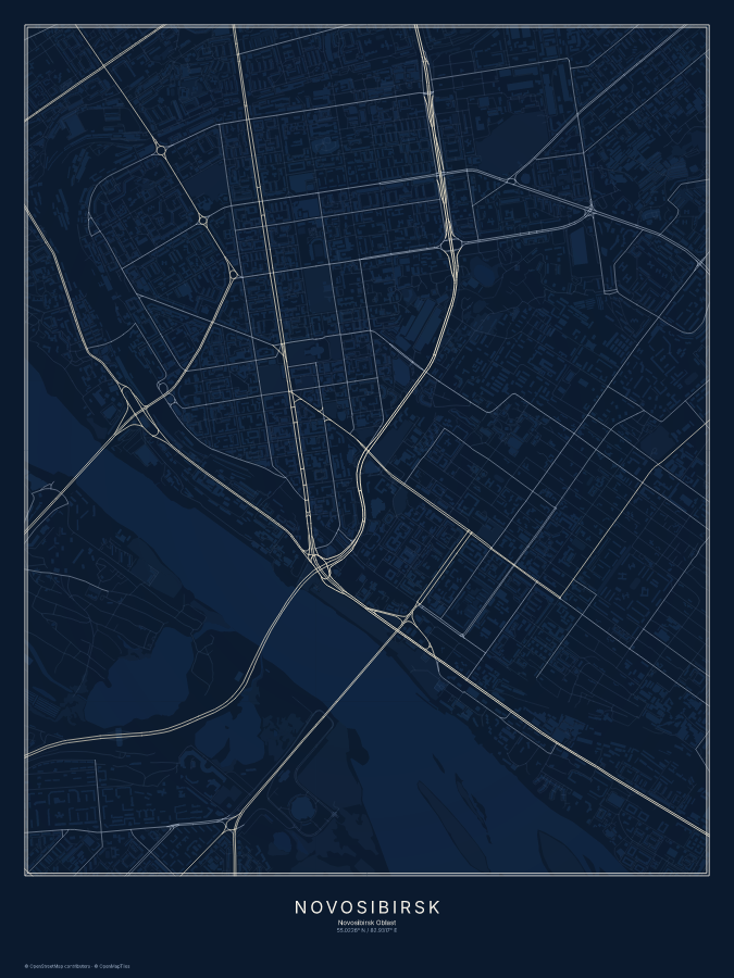 Novosibirsk map poster, midnight style