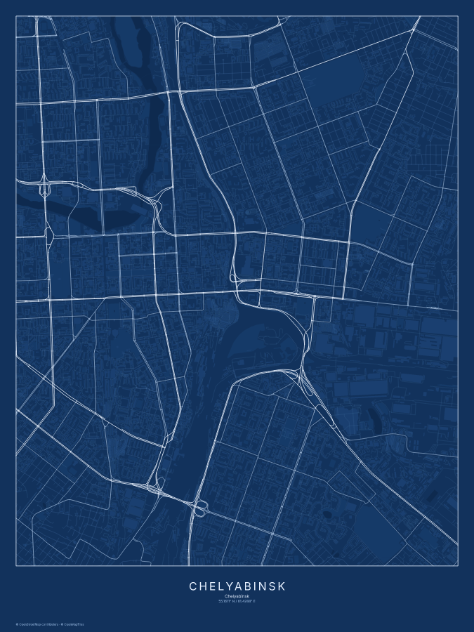 Chelyabinsk map poster, blueprint style