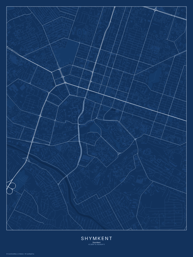 Shymkent map poster, blueprint style