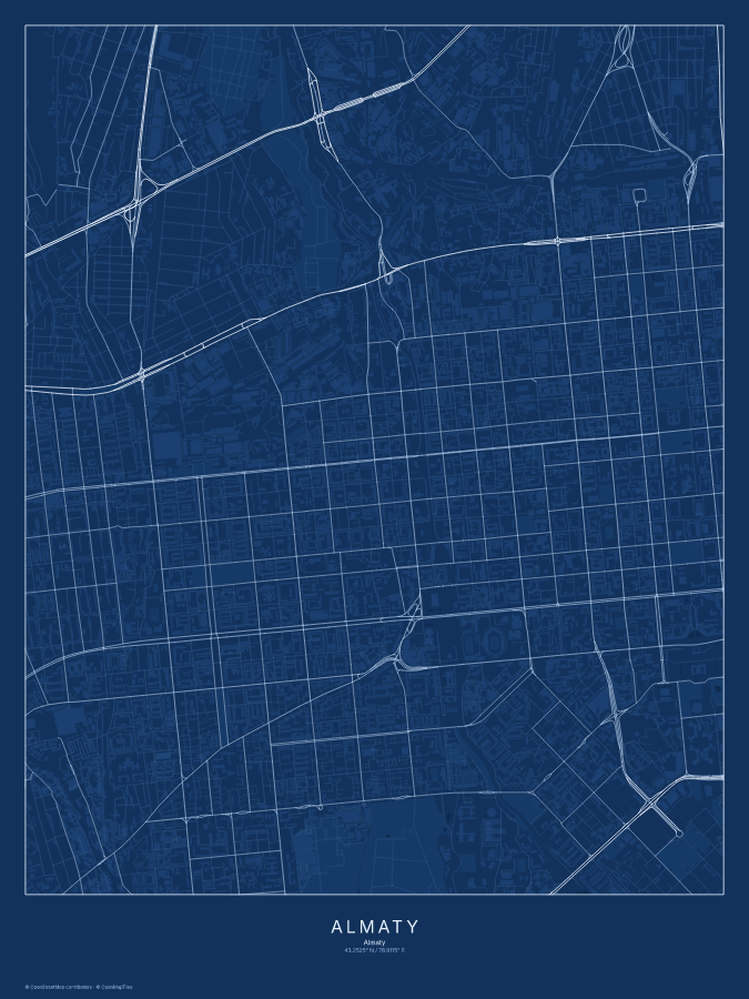 Almaty map poster, blueprint style