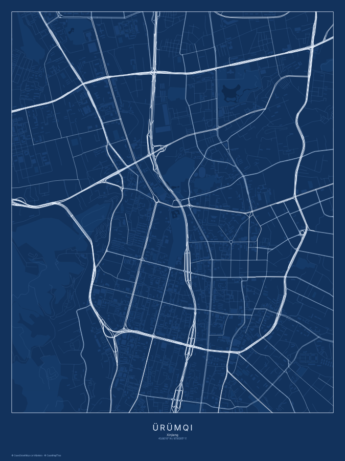 Ürümqi map poster, blueprint style