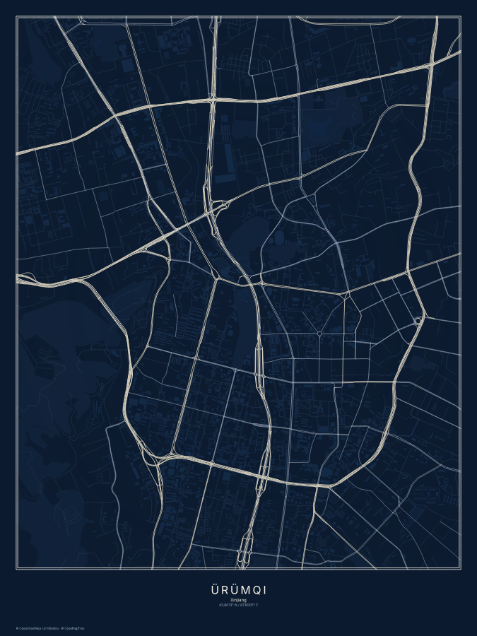 Ürümqi map poster, midnight style
