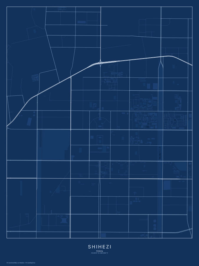 Shihezi map poster, blueprint style