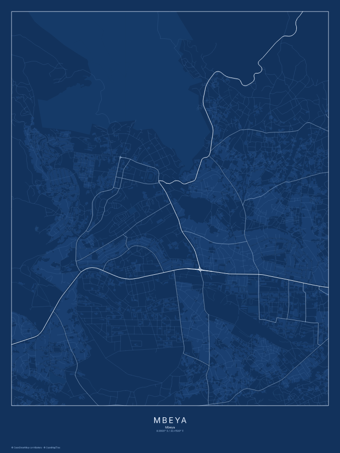 Mbeya map poster, blueprint style