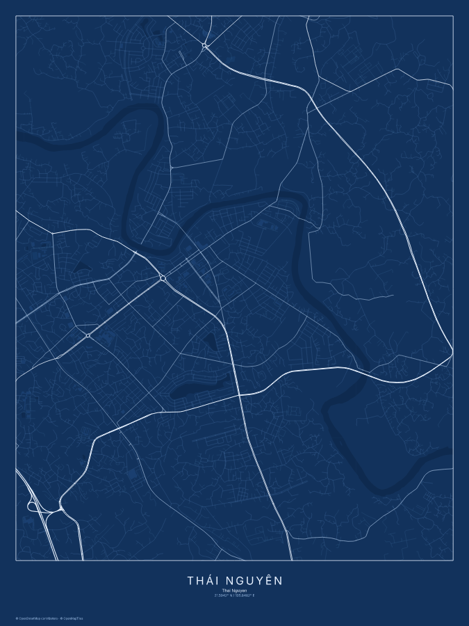Thái Nguyên map poster, blueprint style