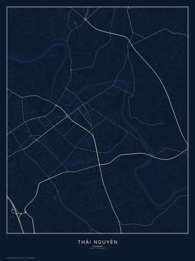 Thái Nguyên map poster, midnight style