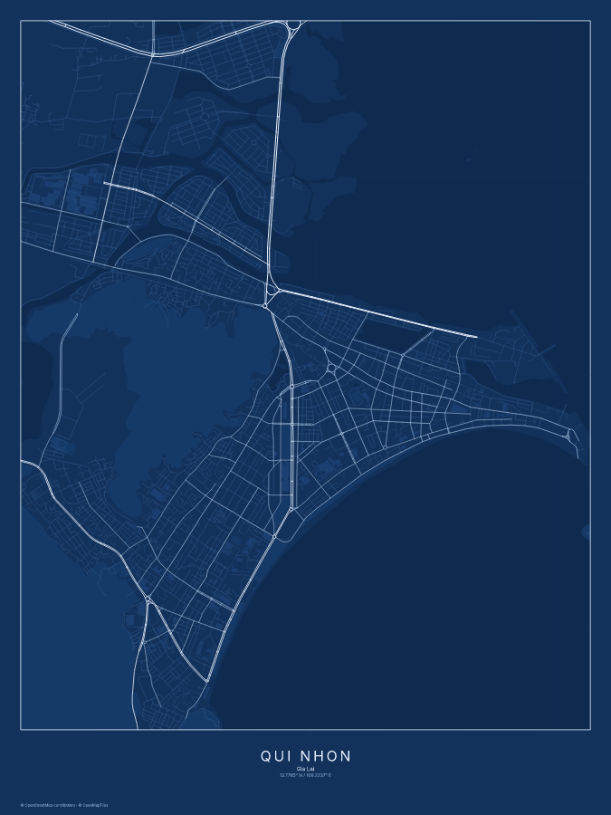 Qui Nhon map poster, blueprint style