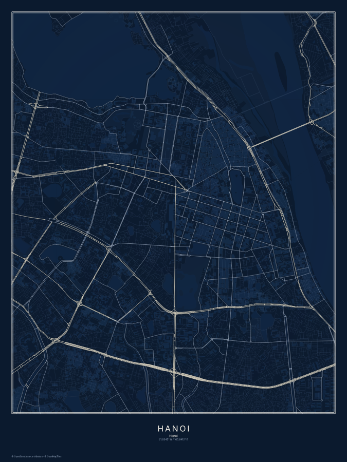 Hanoi map poster, midnight style