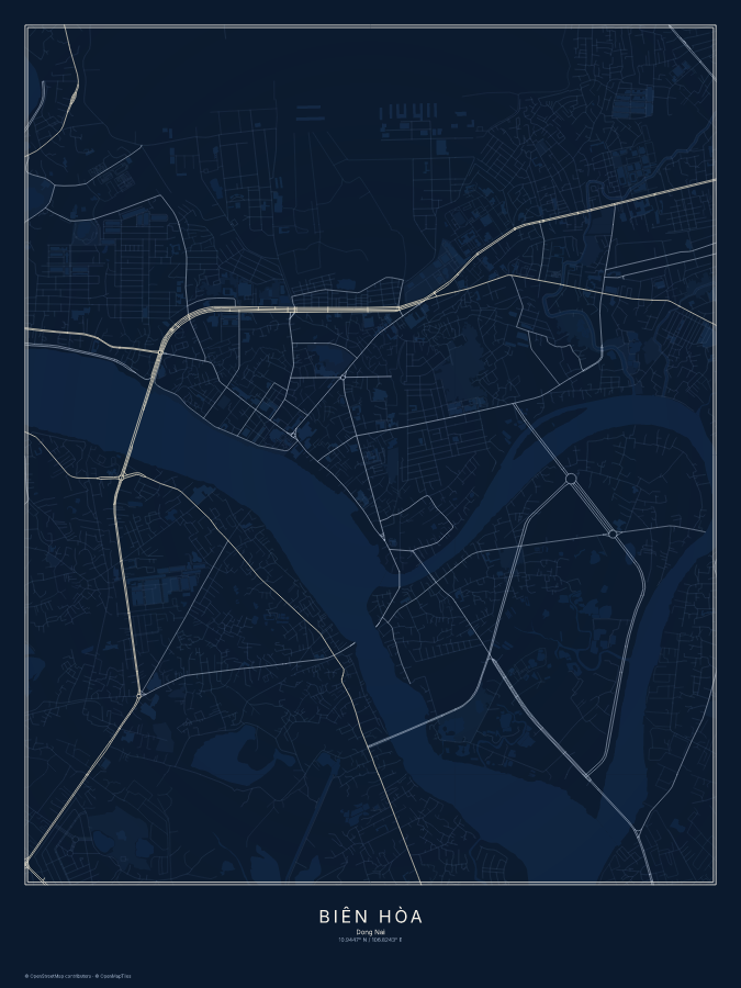 Biên Hòa map poster, midnight style