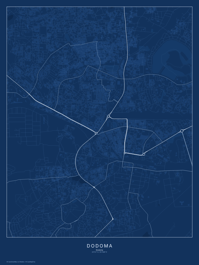 Dodoma map poster, blueprint style