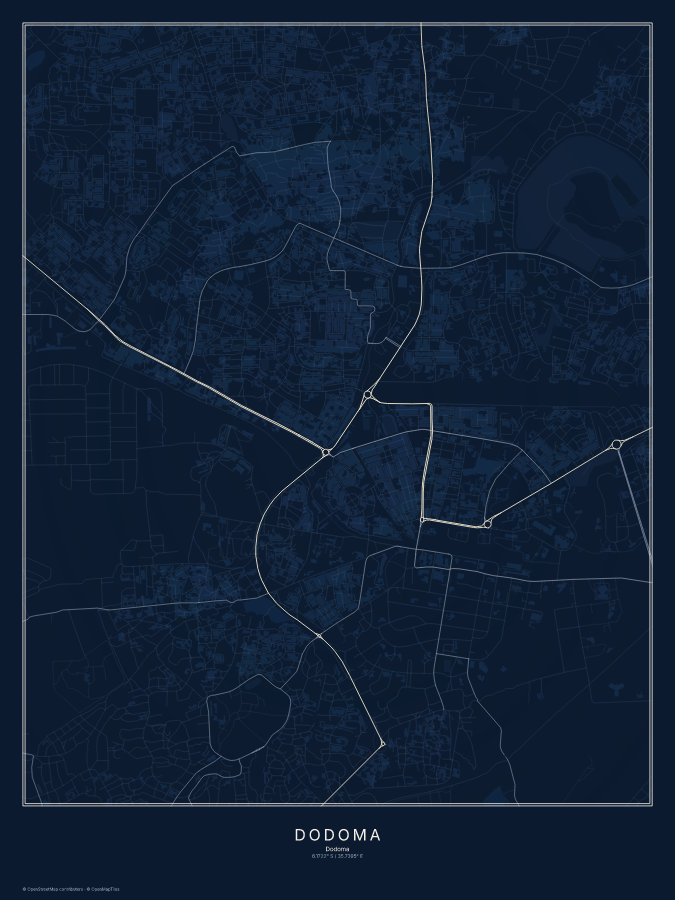 Dodoma map poster, midnight style