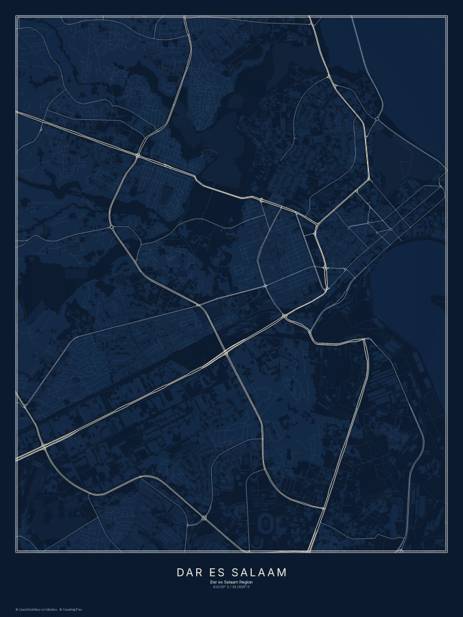 Dar es Salaam map poster, midnight style