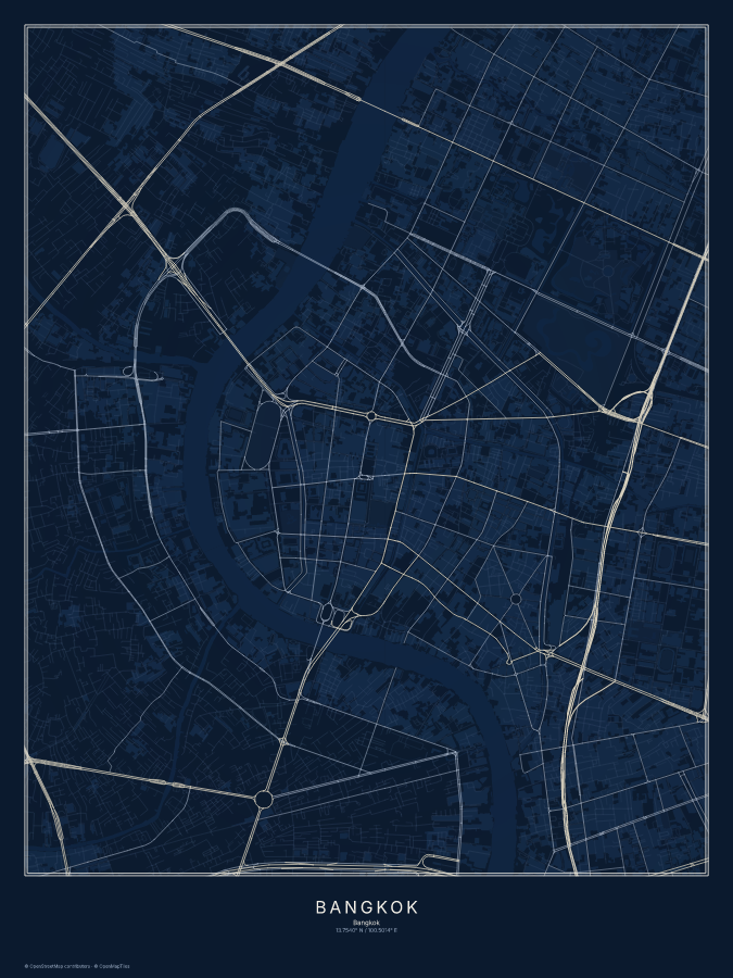 Bangkok map poster, midnight style
