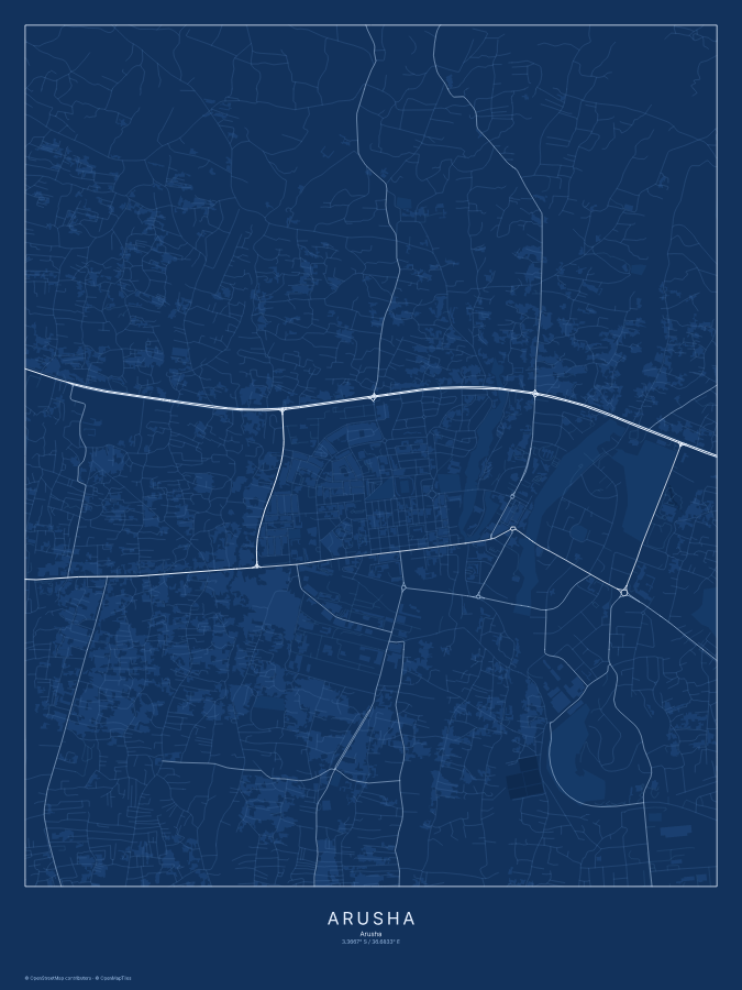 Arusha map poster, blueprint style