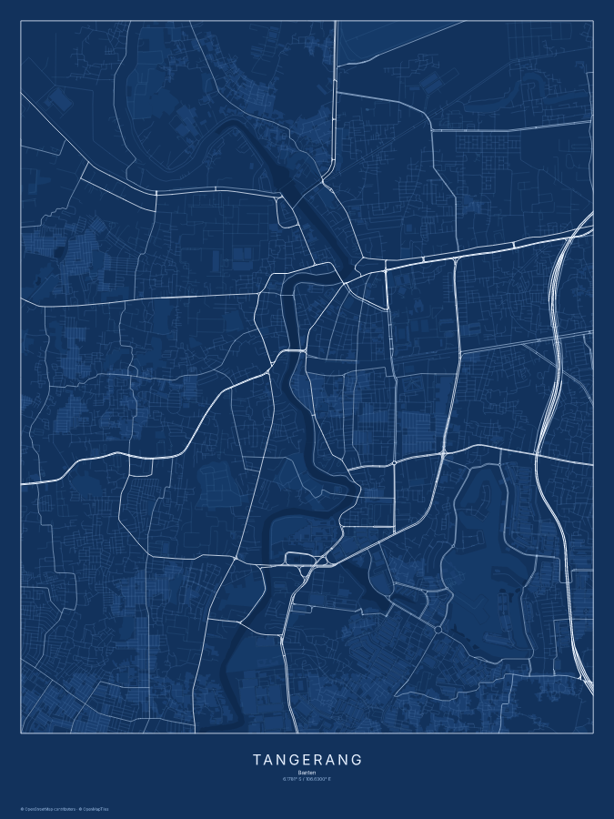 Tangerang map poster, blueprint style