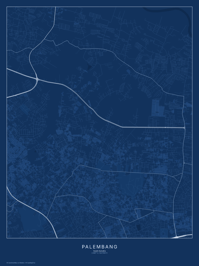 Palembang map poster, blueprint style