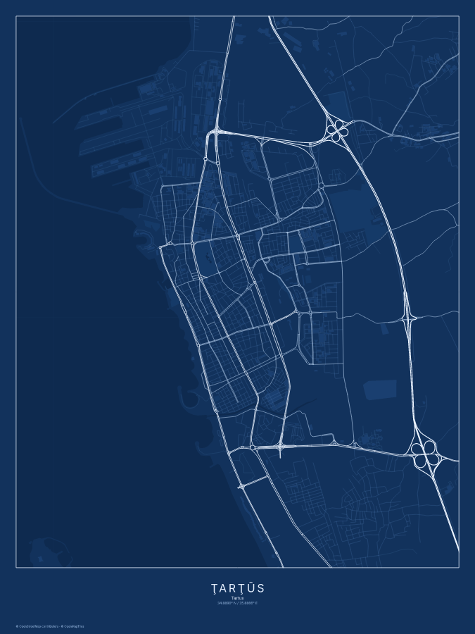 Ţarţūs map poster, blueprint style