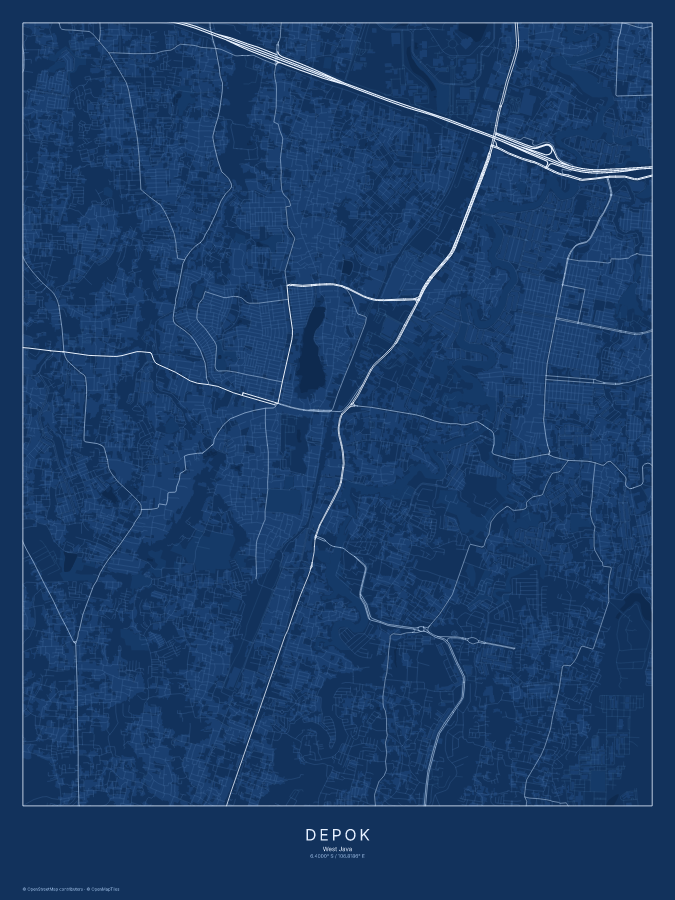 Depok map poster, blueprint style