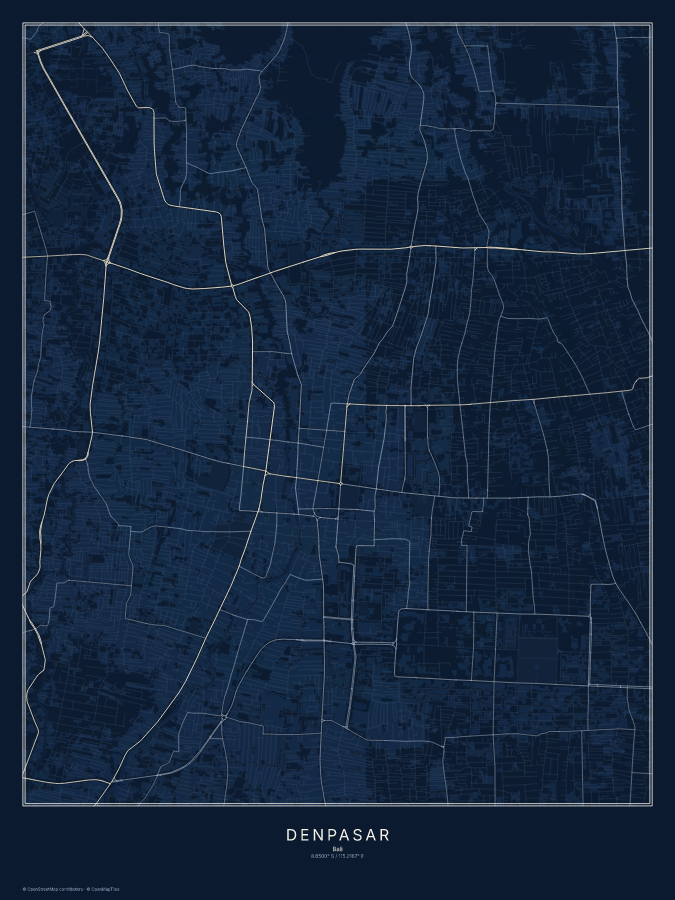 Denpasar map poster, midnight style
