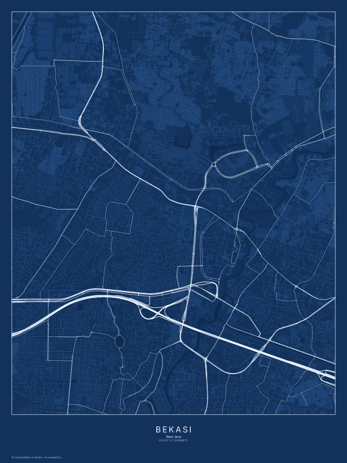 Bekasi map poster, blueprint style