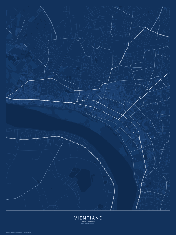 Vientiane map poster, blueprint style
