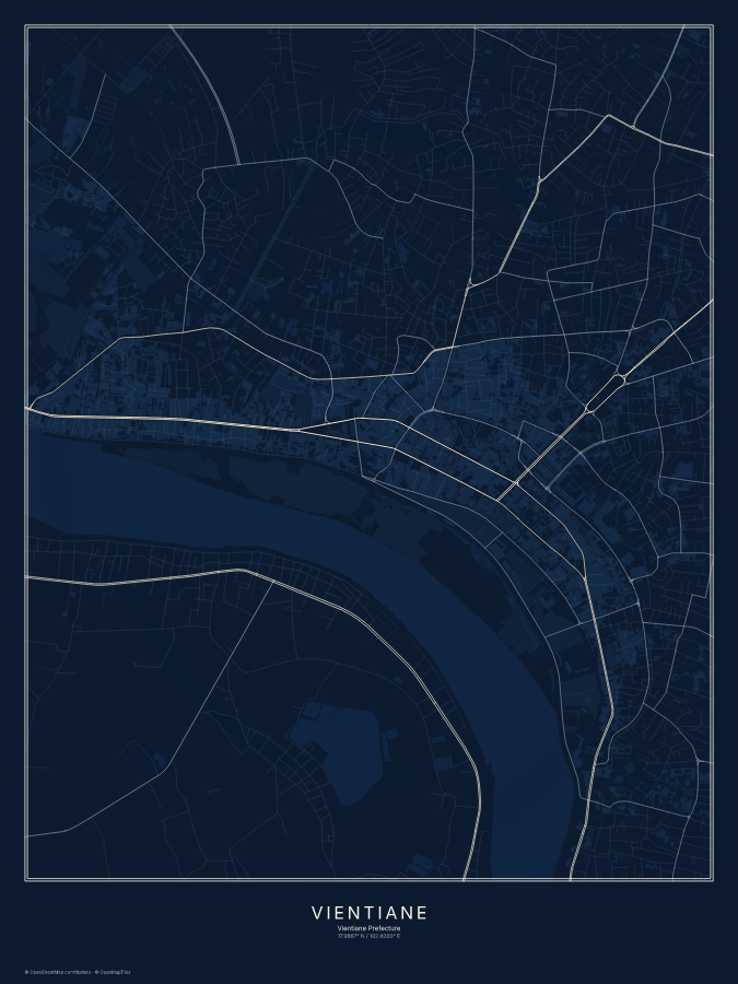 Vientiane map poster, midnight style