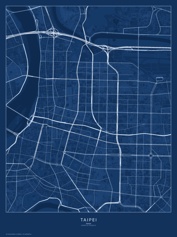 Taipei map poster, blueprint style