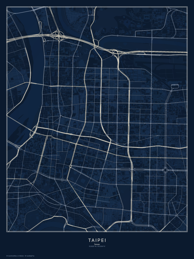 Taipei map poster, midnight style