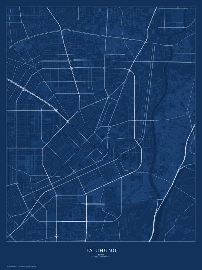Taichung map poster, blueprint style