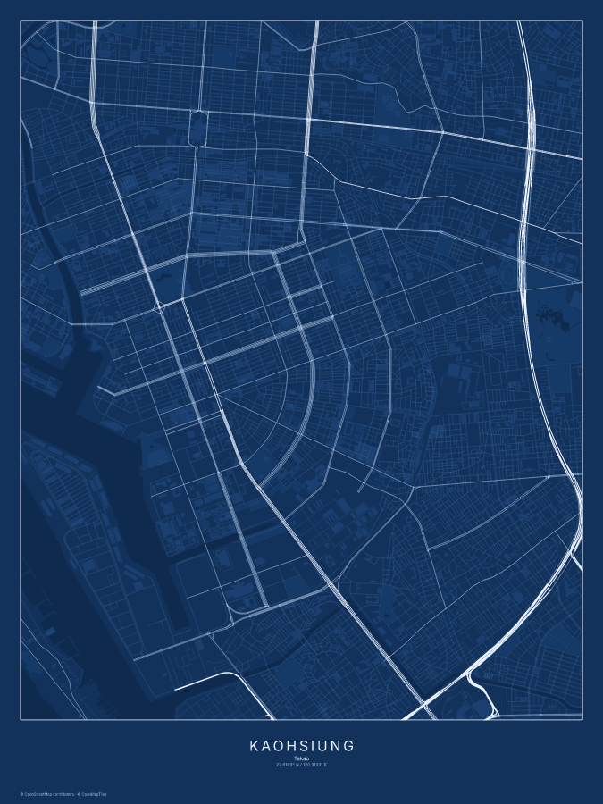 Kaohsiung map poster, blueprint style
