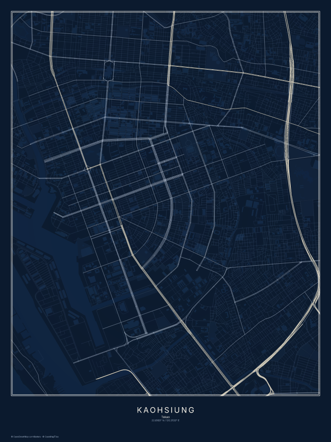 Kaohsiung map poster, midnight style