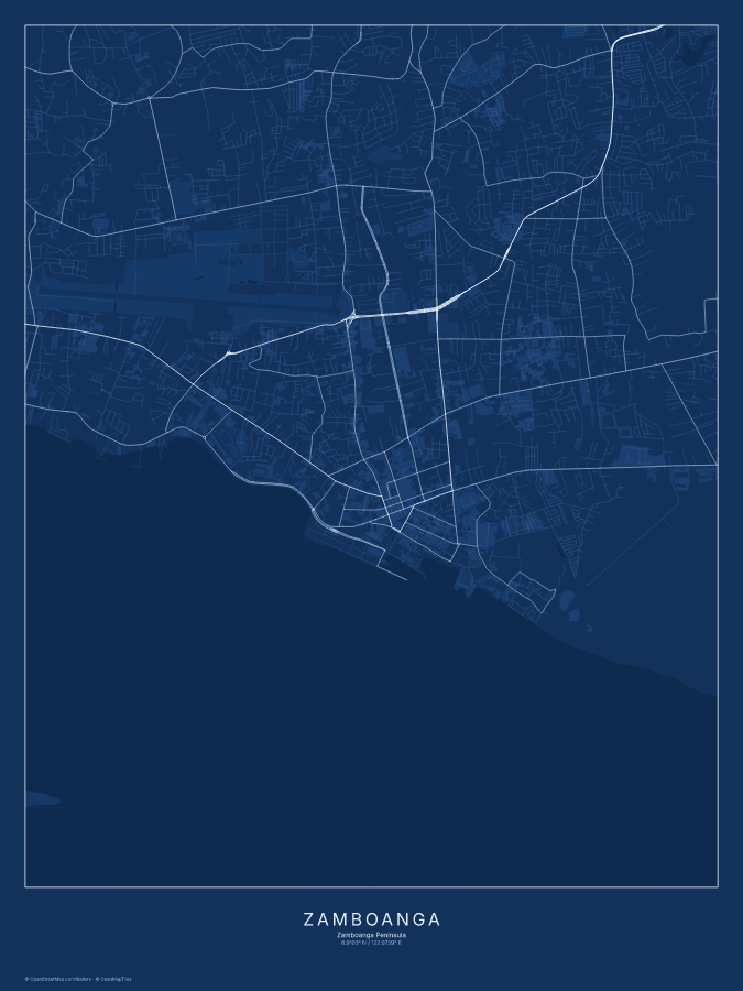 Zamboanga map poster, blueprint style