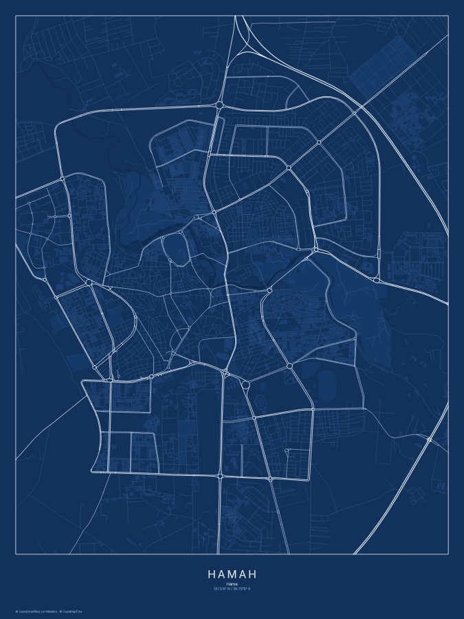 Ḩamāh map poster, blueprint style