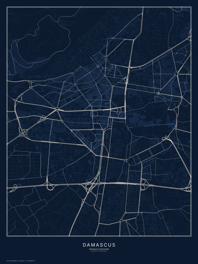Damascus map poster, midnight style