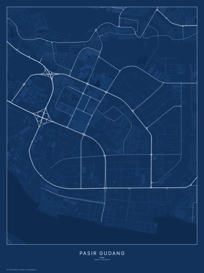 Pasir Gudang map poster, blueprint style
